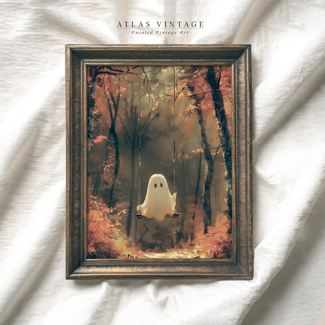 Cute Little Ghost on Swing in Autumn Forest Halloween Poster