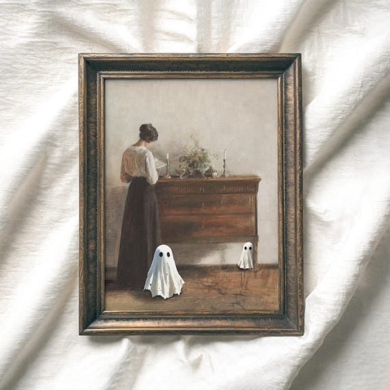 Moody Woman And Cute Ghosts Print Vintage Spooky Halloween Wall Art Dark Academia Cottagecore Decor Victorian Portrait Painting