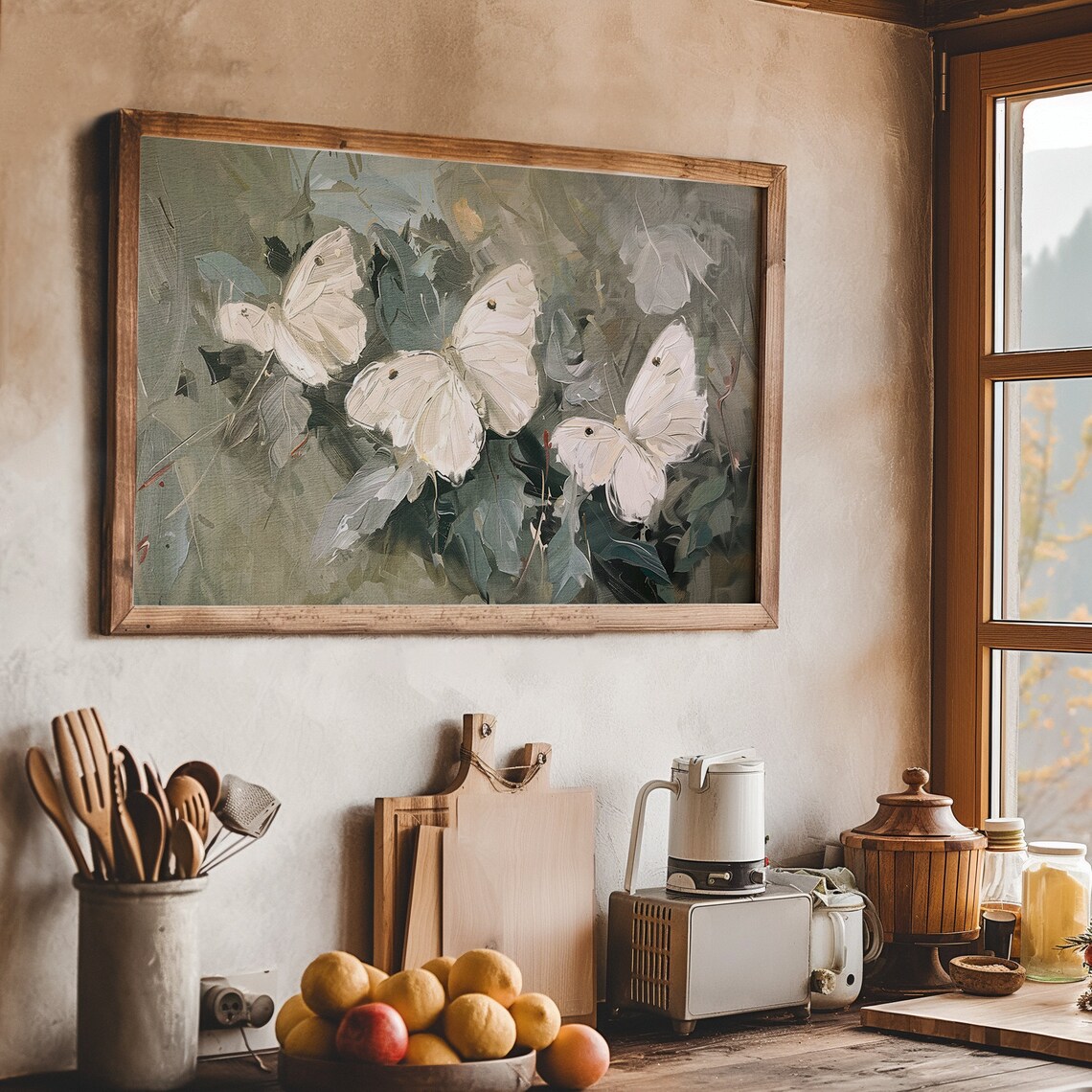 White Butterfly Vintage Garden Painting Muted Summer Floral Poster - Image 6