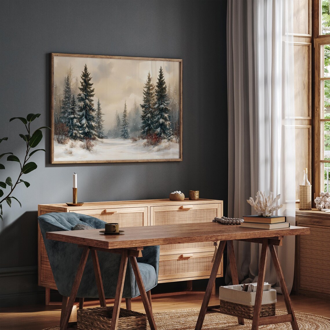 Snowy Winter Pine Forest Vintage Landscape Peaceful Snow Art Poster - Image 3