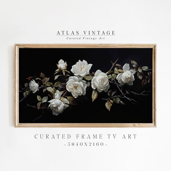 White Roses Flower Frame Tv Art Vintage Floral Oil Painting Botanical Valentines Day Frame Tv Art Dark Moody Neutral Wall Dcor