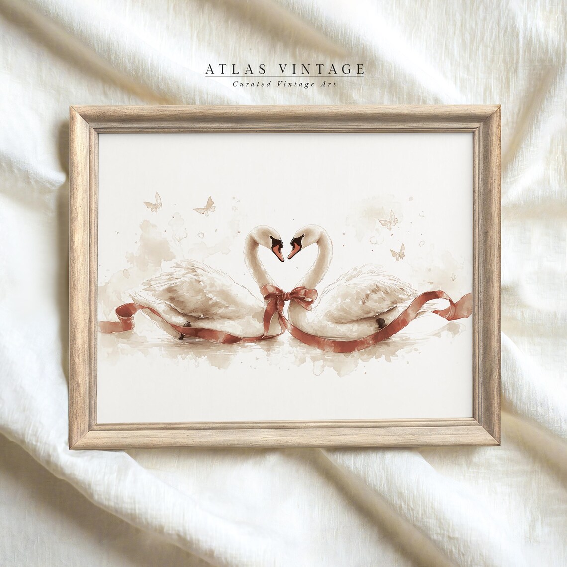Swans Forming a Heart Red Ribbon Valentines Day Print Soft Watercolor - Image 6