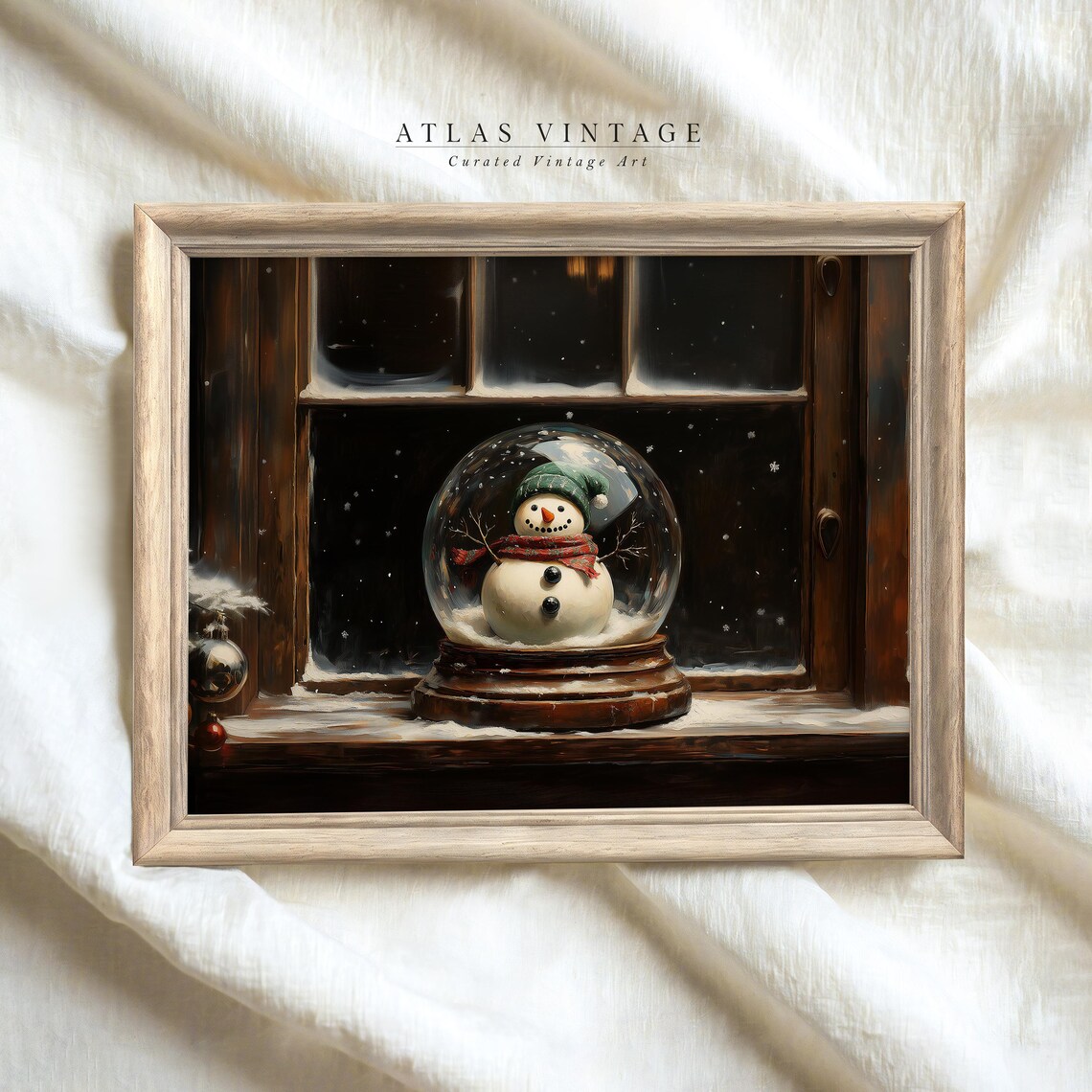 Snowman Snow Globe on Windowsill Vintage Christmas Night Art Poster - Image 4