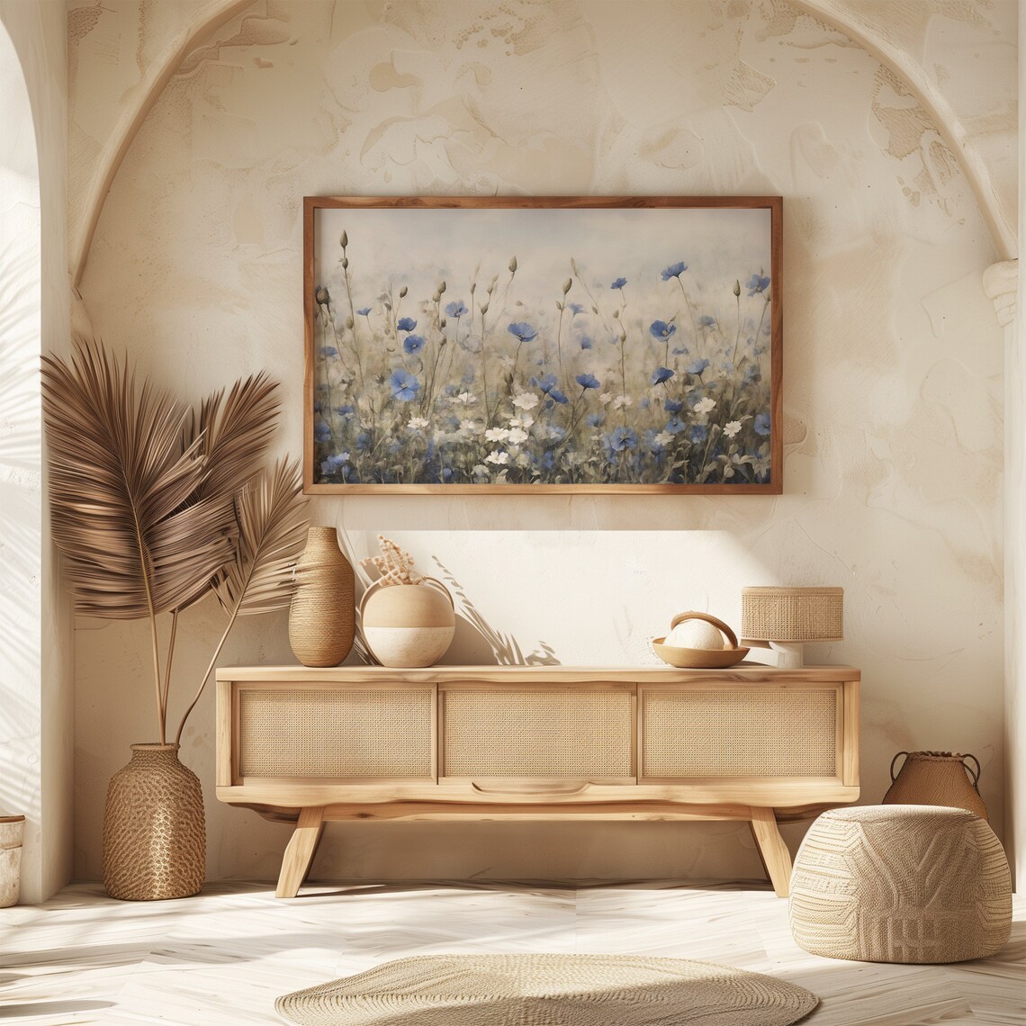 Blue Wildflower Field Daisies Wide Meadow Landscape Art Poster - Image 2