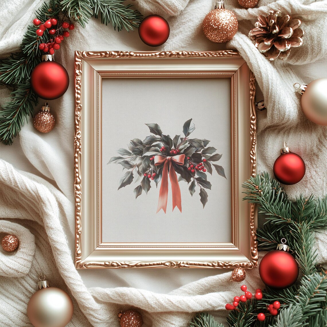 Vintage Holly Berry Christmas Poster Red Berries Ribbon Bow Botanical - Image 7