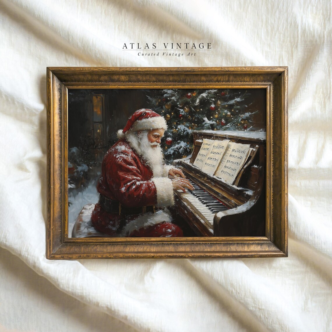 Vintage Christmas Print Santa Claus Playing Piano Oil Painting Xmas Wall Decor Winter Festive Art Holiday Music Prints