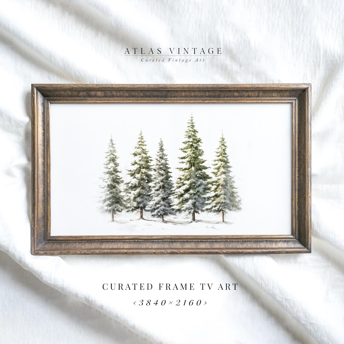 Five Snowy Pine Trees on White Minimalist Watercolor Winter Poster