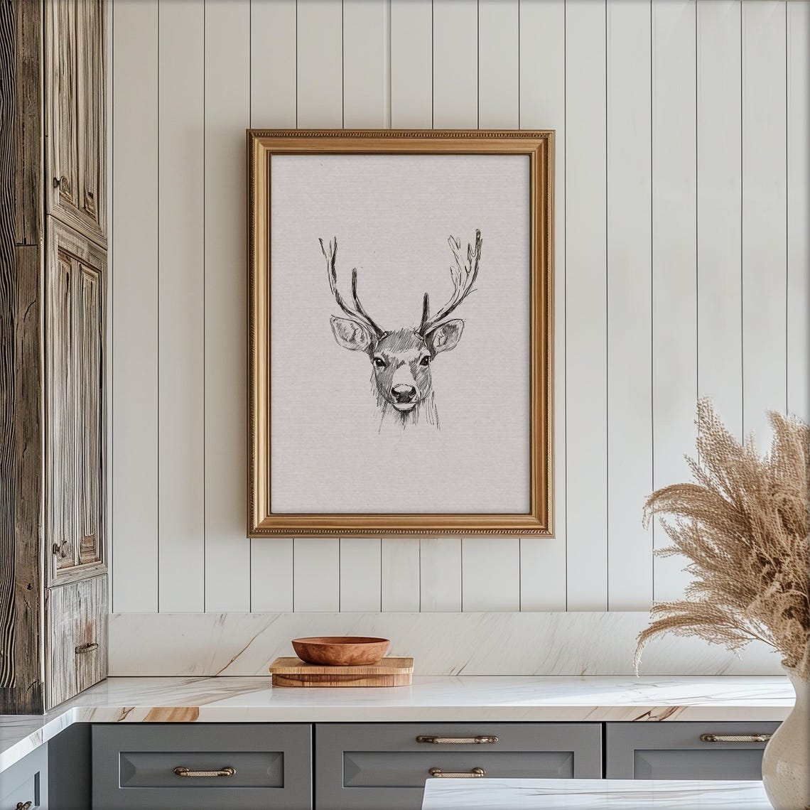 Stag Head Pencil Sketch Minimalist Deer Antlers Oval Art Poster - Image 6