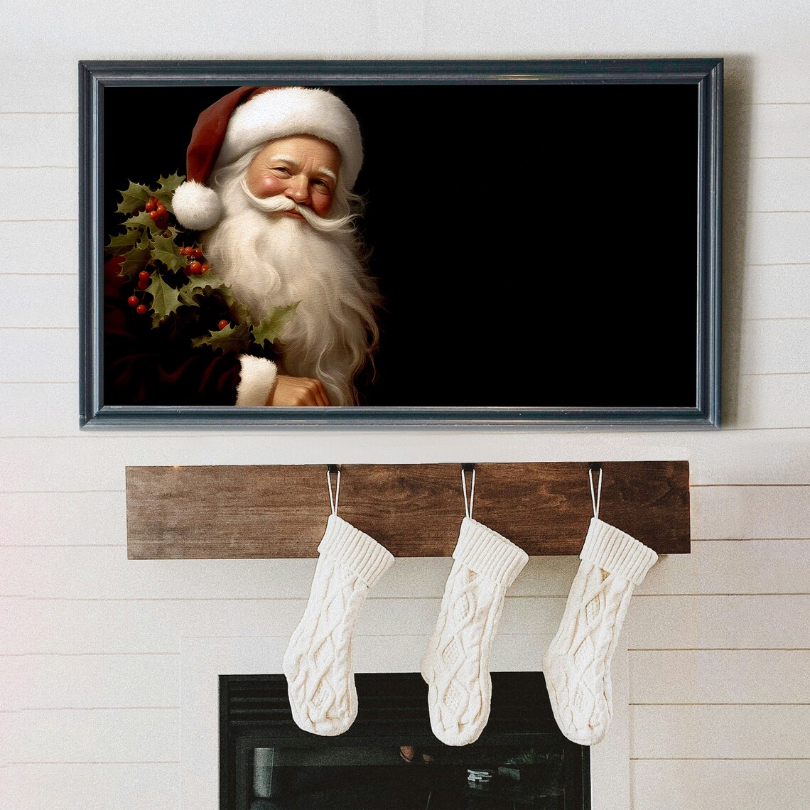Santa Claus Portrait With Holly Dark Vintage Christmas Poster - Image 2