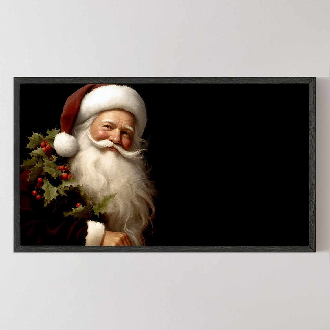 Santa Claus Portrait With Holly Dark Vintage Christmas Poster - Image 6