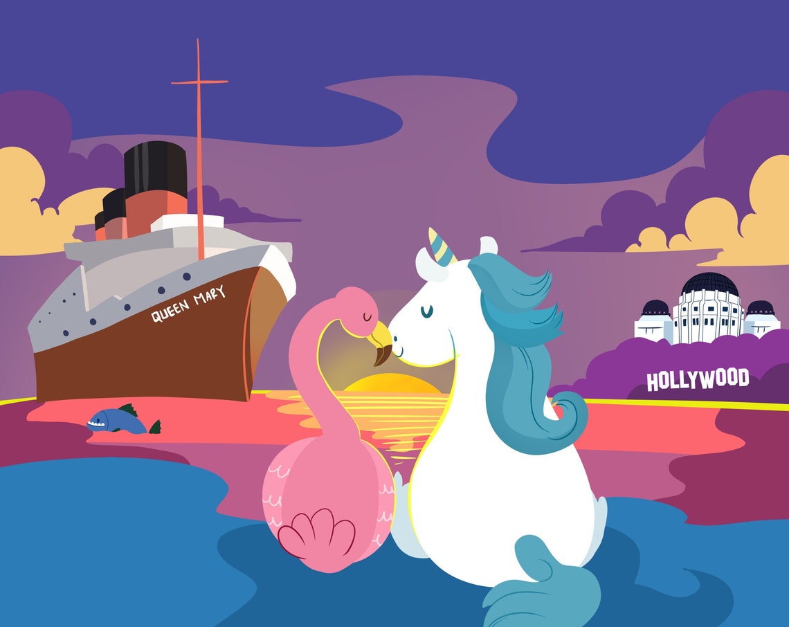 Whimsical Hollywood Unicorn with Queen Mary Ship Cartoon Poster