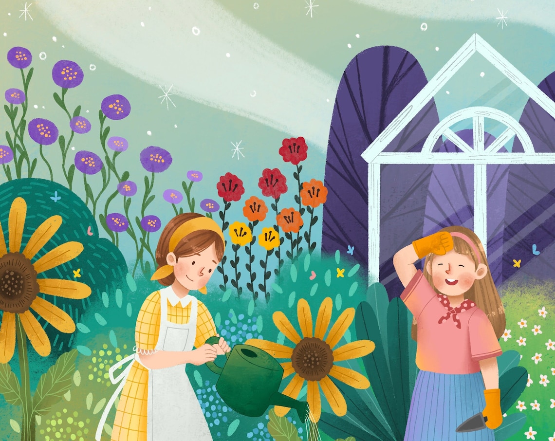 Two Young Girls Gardening with Bright Flowers Storybook Art Poster