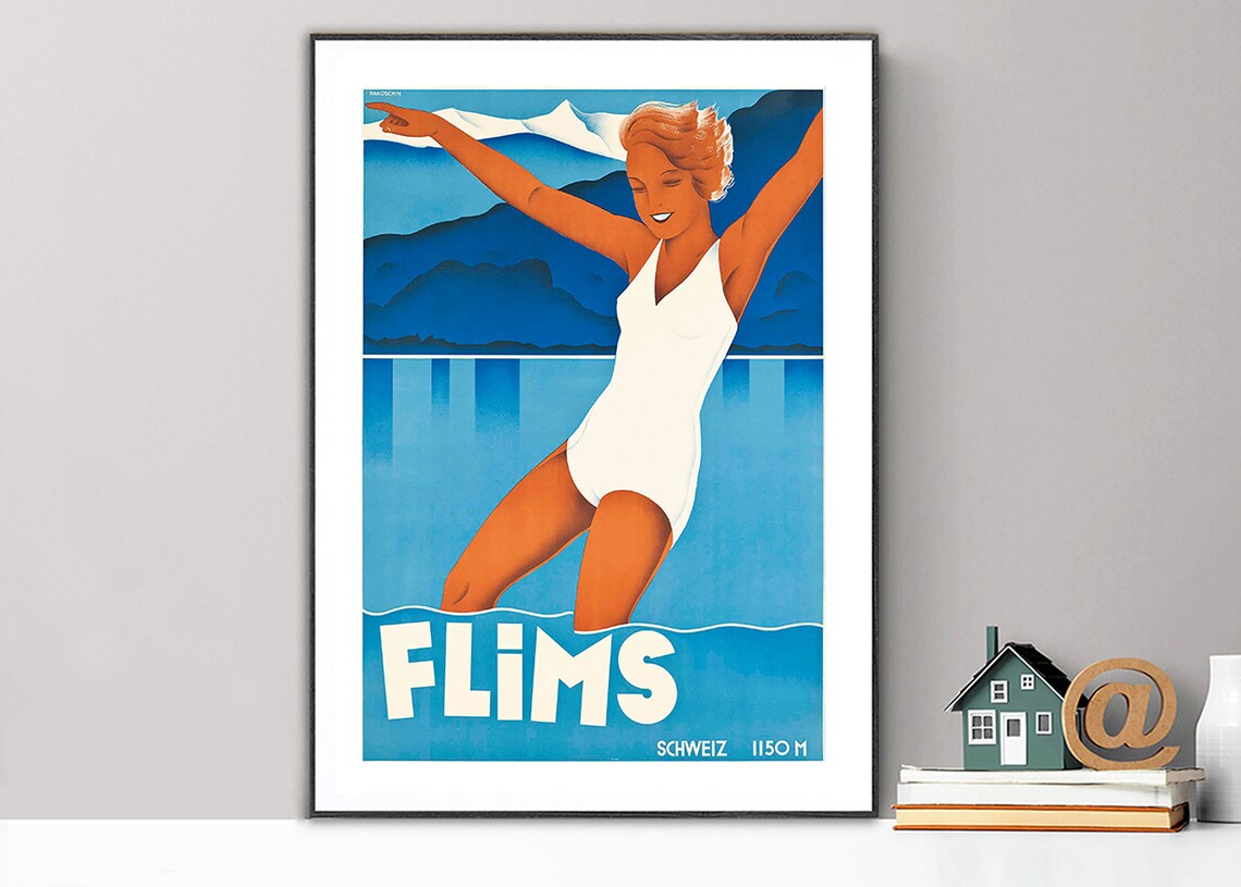 Flims Switzerland 1150 M Alpine Lake Swimmer Vintage Travel Poster