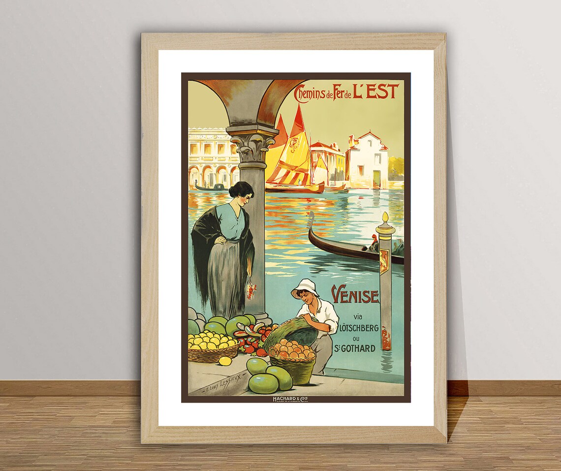 Venice Italy Canal Gondola Fruit Market Chemins De Fer Vintage Poster