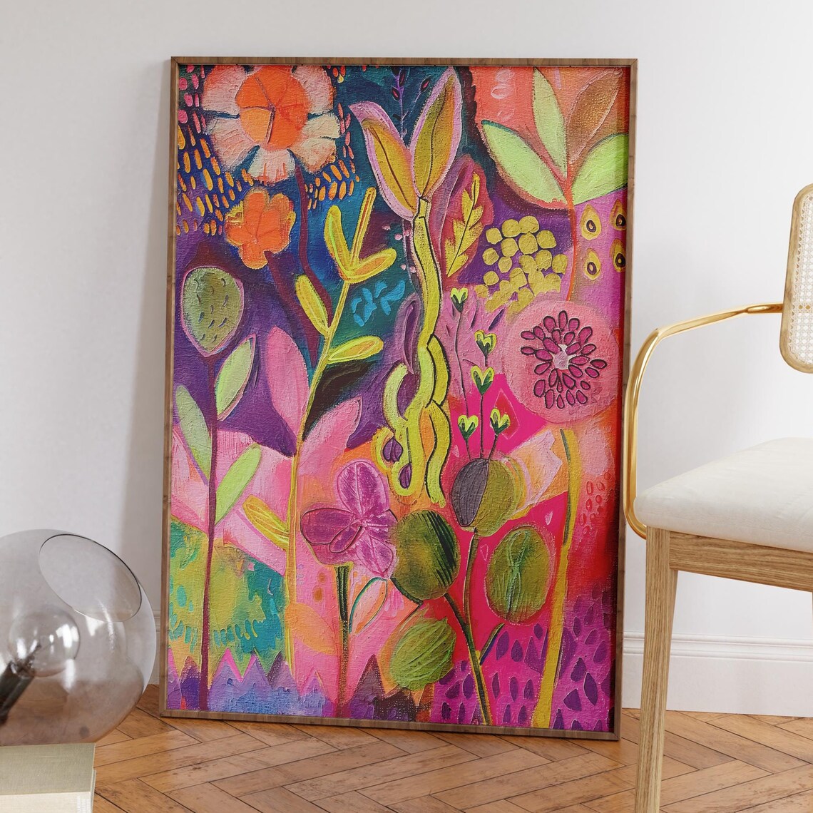 Bold Abstract Botanical Garden Painting Poster in Pink and Purple