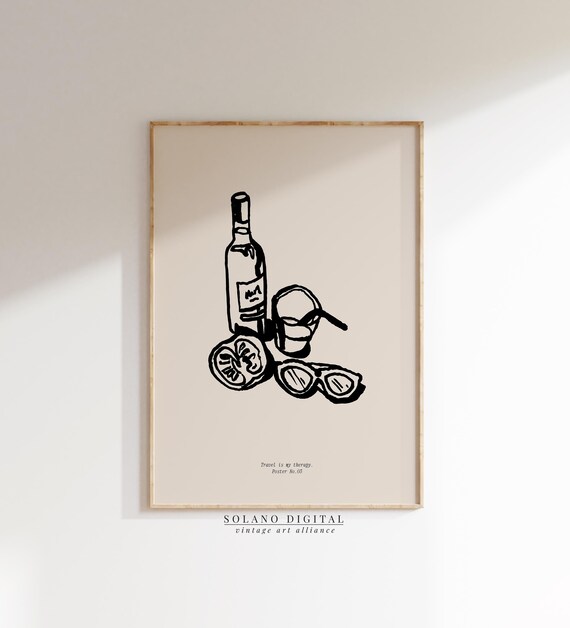 Wine Sunglasses And Lemon Summer Travel Minimalist Sketch Poster