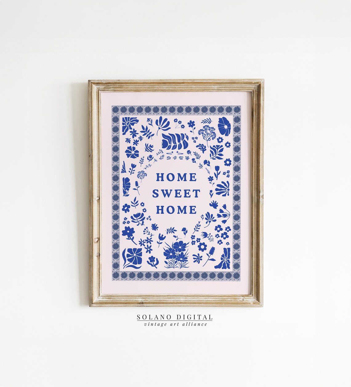 Royal Blue Floral On Soft Blush Home Sweet Home Quote Poster