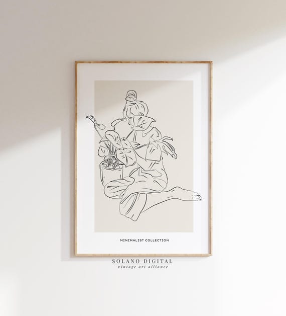 Minimalist Woman With Plant Line Art Print Botanical Boho Wall Neutral Poster Modern