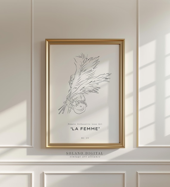 La Femme Female Silhouette Leaf Plume Minimalist Line Art Poster