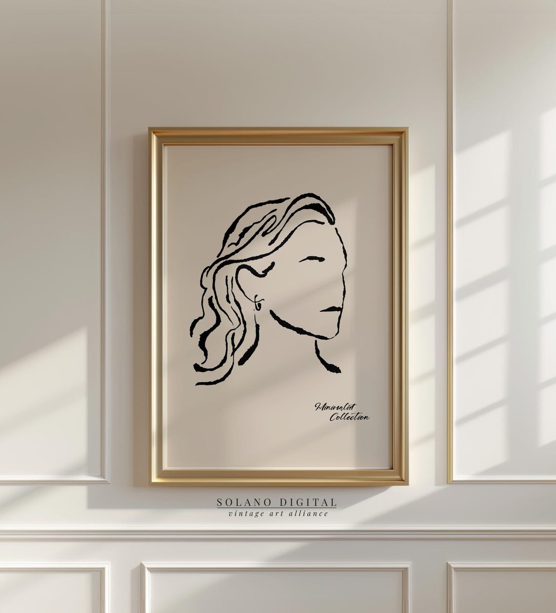 Serene Minimalist Woman Face Single Line Art in Black on Beige Poster