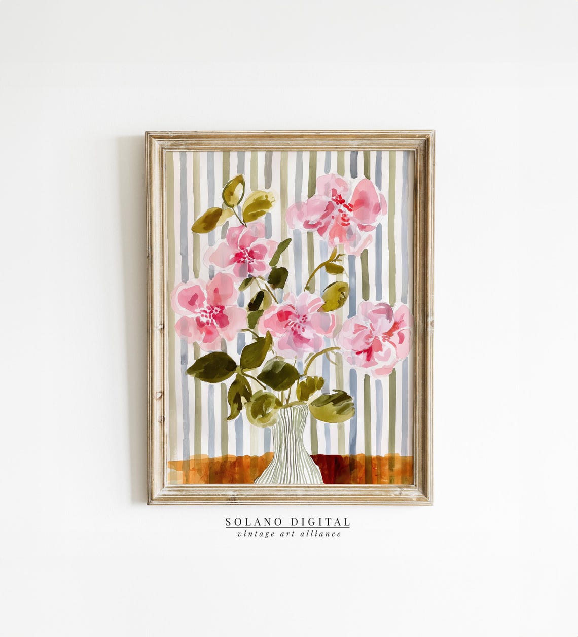 Striped Floral Art Modern Botanical Prints Pink Flower Watercolor Botanicals Grandmillennial Home Decor