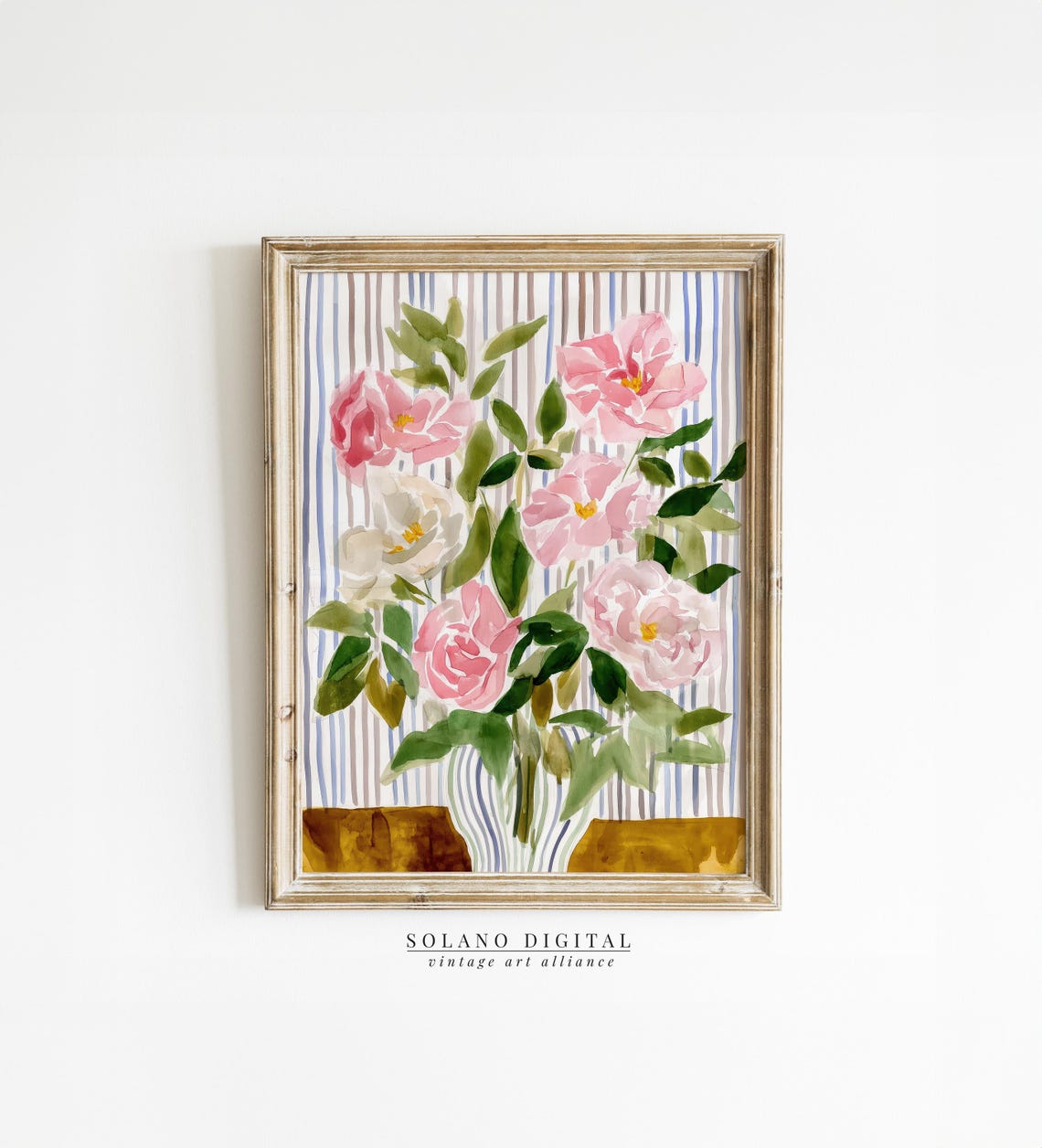 Striped Floral Art Modern Botanical Prints Pink Flower Watercolor Botanicals Grandmillennial Home Decor