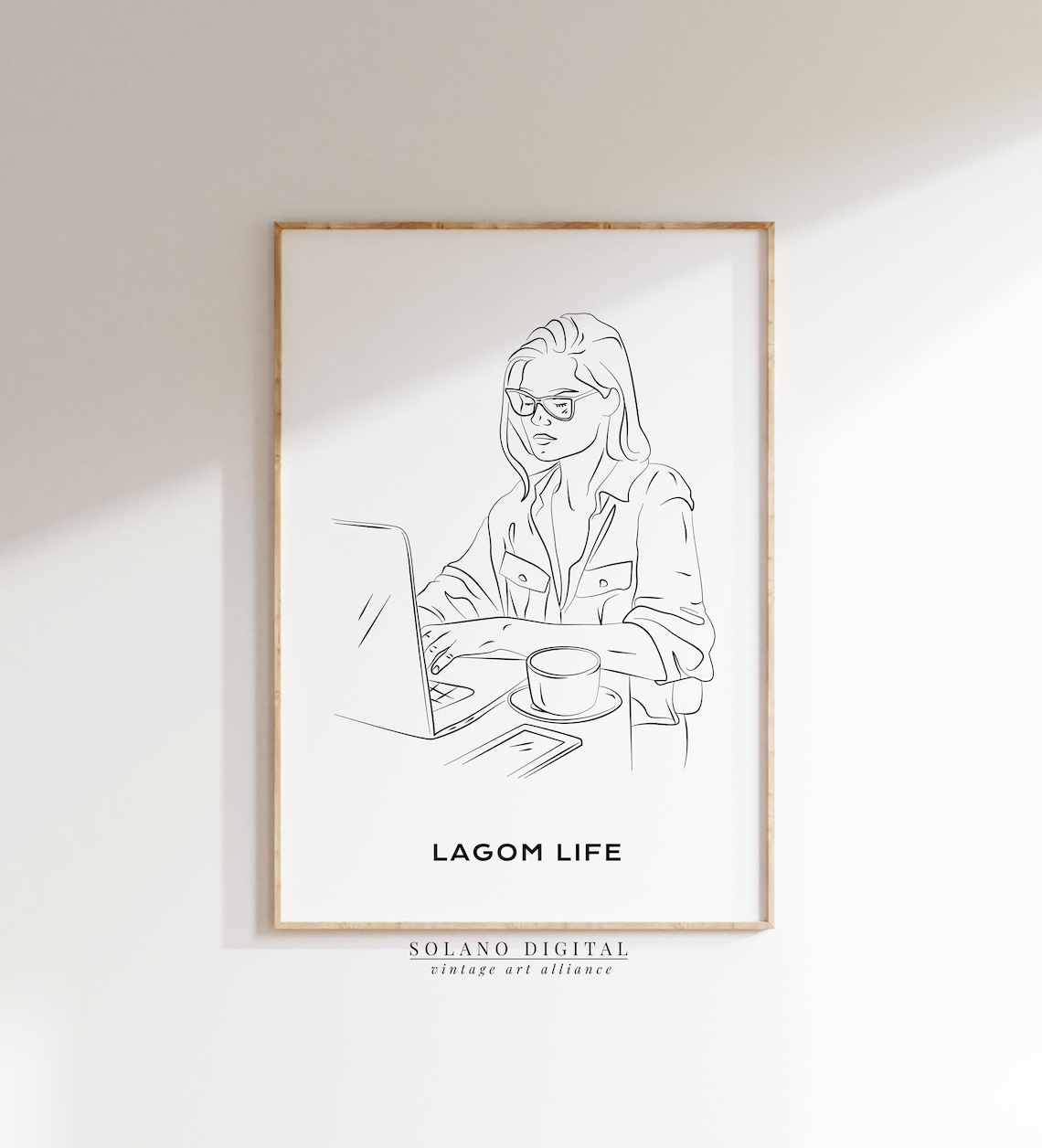 Lagom Life Woman At Laptop Line Drawing Modern Minimalist Art Poster