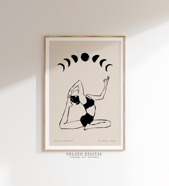 Yoga Moon Phases Poster Line Drawing Boho Spiritual Meditation Decor