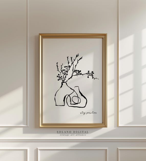 Minimalist Vase Line Art With Botanical Branches Stay Positive Wall Modern Boho For Home Decor