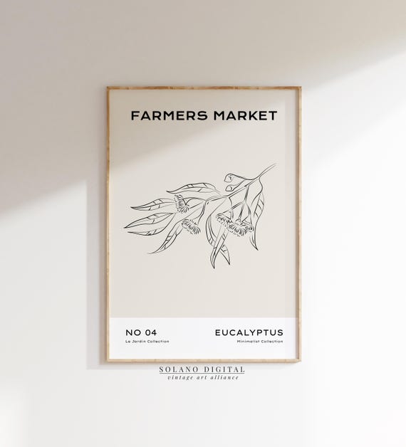 Eucalyptus Line Art Print Botanical Wall Farmers Market Kitchen Decor Minimalist Plant Drawing