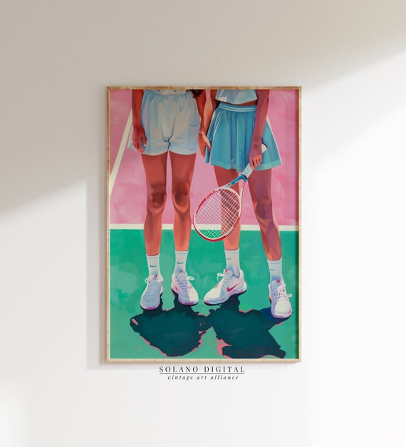 Retro Tennis Girl Maximalist Wall Art Preppy Room Decor Girly Pink Apartment Painting 1950th