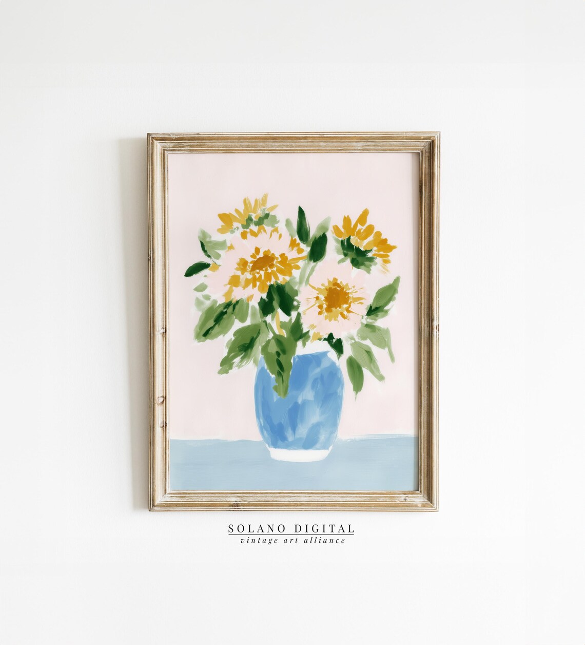 Yellow Daisies in Blue Vase Blush Pink Watercolor Floral Poster