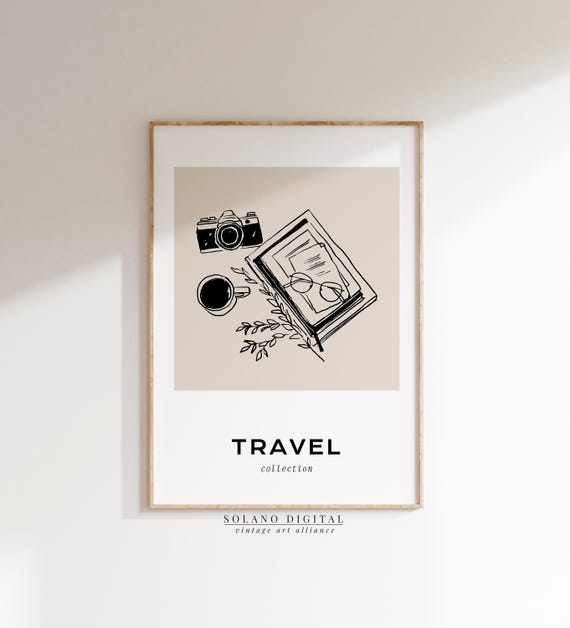 Travel Journal Art Minimal Line Drawing With Camera Coffee Boho Wall Decor For Office Or Study