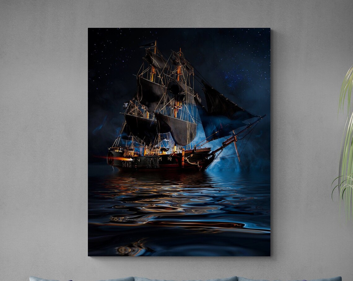 Tall Ship With Black Sails Under Starry Night On Calm Sea Art Poster - Image 3