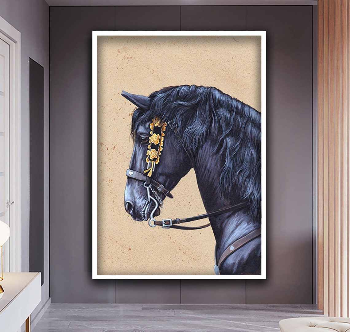 Black Horse Profile Gold Bridle Elegant Equine Painting Print - Image 4