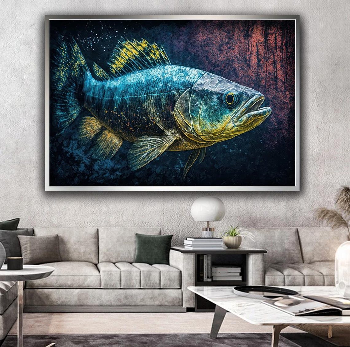 Teal Game Fish Painting Gold Fin Underwater Sea Life Wall Art Print - Image 2