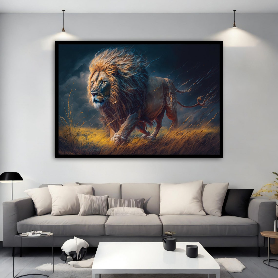 Majestic Lion Running Golden Savanna Night Storm Wildlife Poster - Image 2