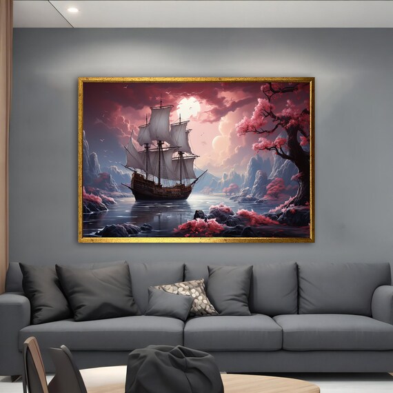 Ship Art Ship And Pink Tree Wall Art Rowing Boat Art Seascape Wall Art Sailing Ship Print Sailboat Landscape Art