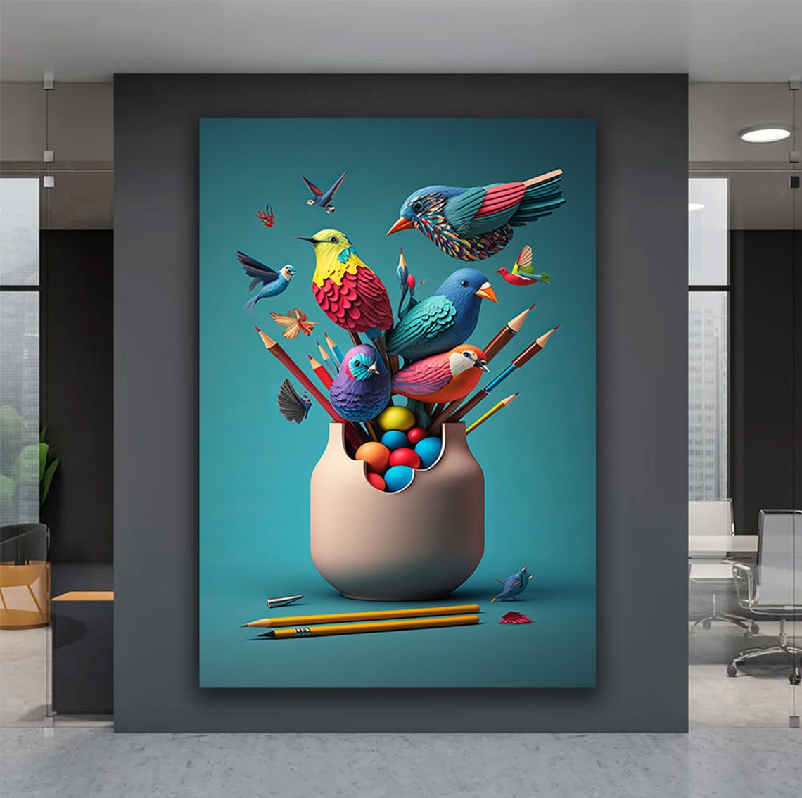 Colorful Birds Bursting From Vase With Pencils Whimsical Art Poster - Image 2