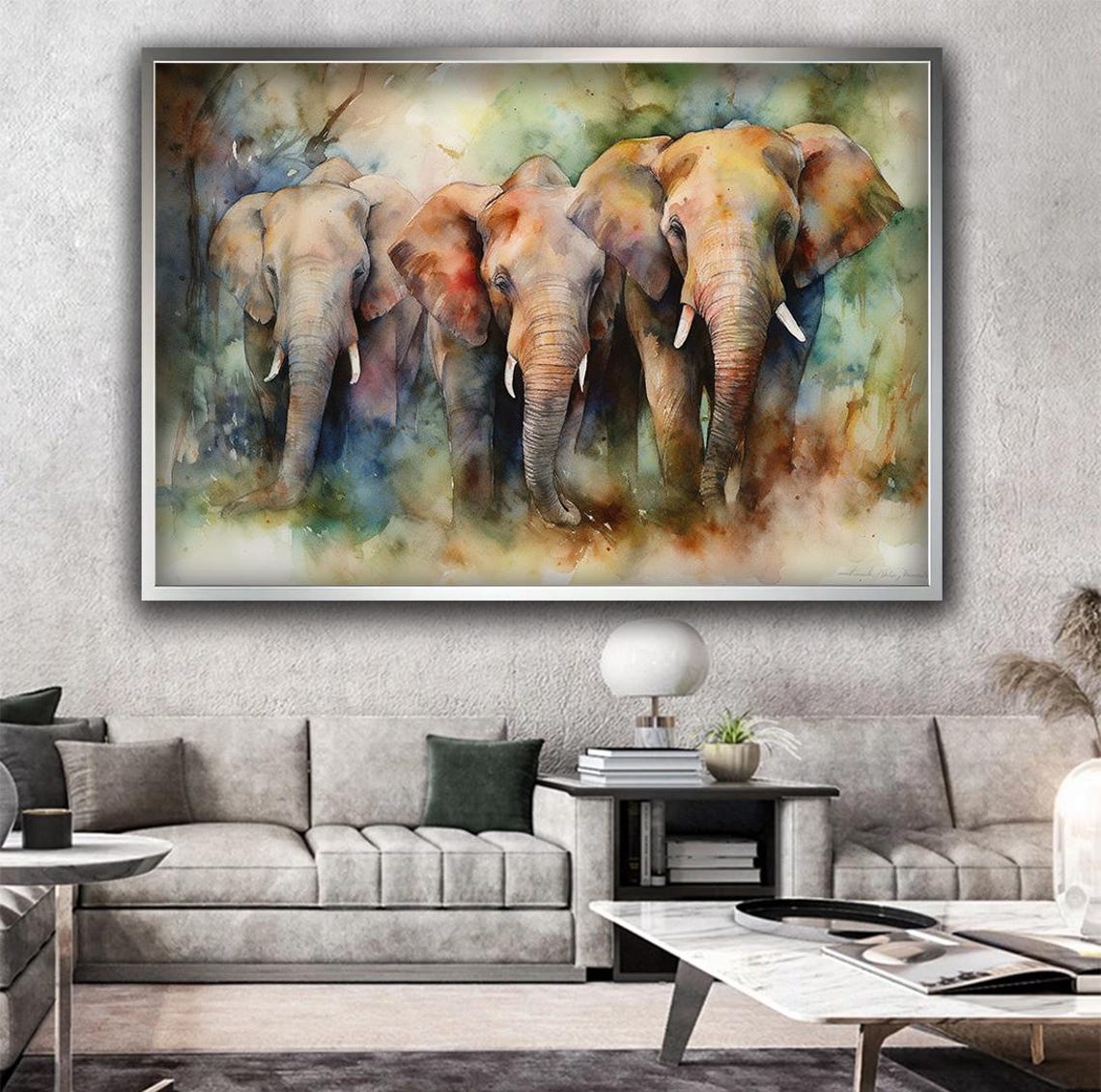 Three Elephants Walking Forward in Soft Watercolor Earth Tones Poster - Image 2