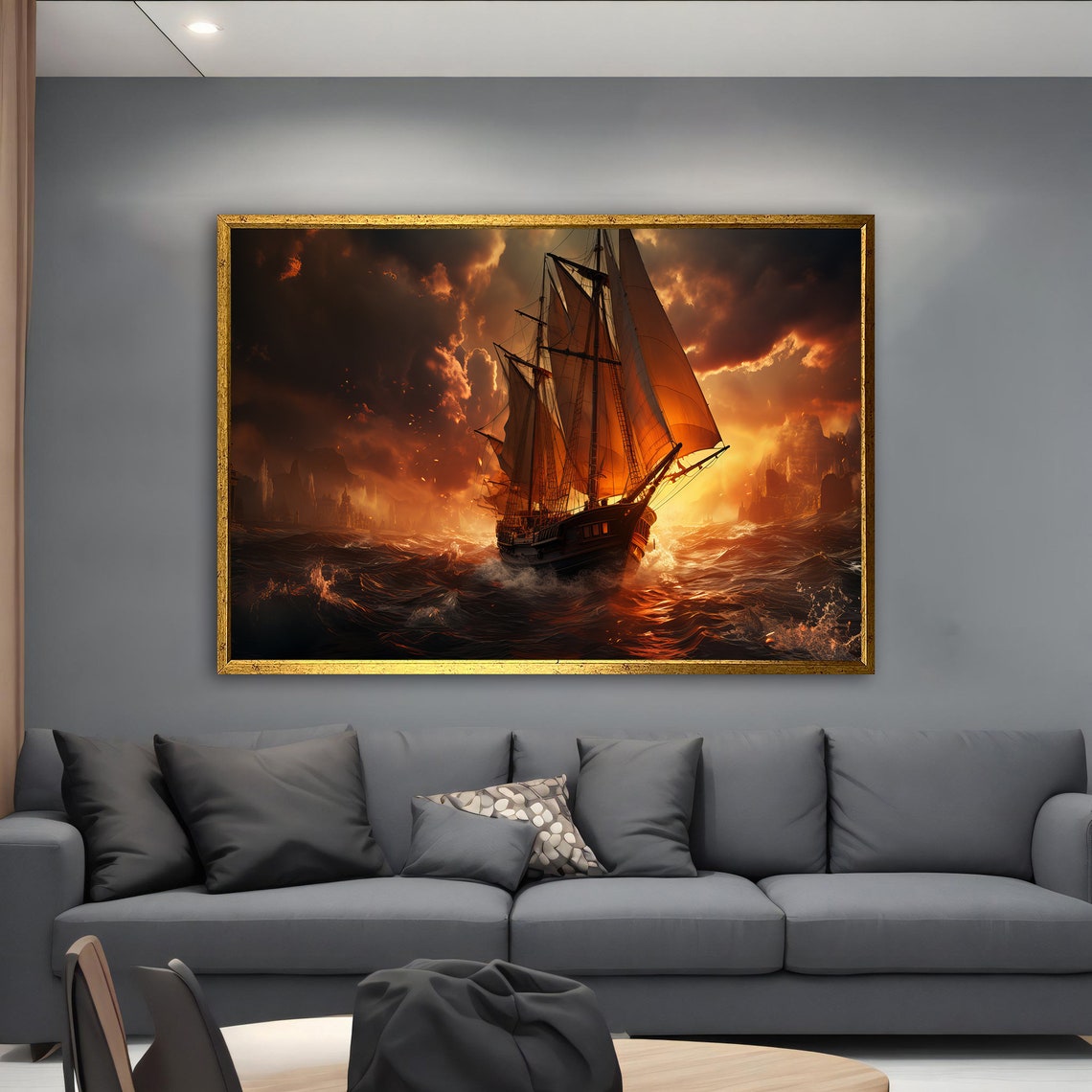 Tall Sailing Ship Fiery Storm Sea Dramatic Sunset Wall Art Poster - Image 4