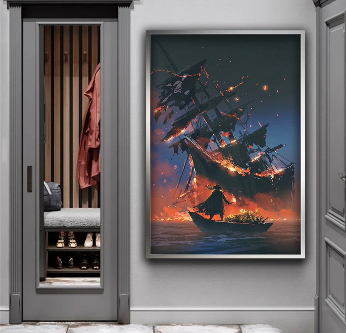 Burning Pirate Ship Night Fire Dramatic Ocean Fantasy Wall Art - Image 5