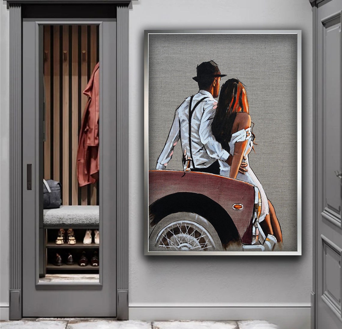 Retro Style Couple Leaning on Vintage Red Car Romantic Art Print - Image 5