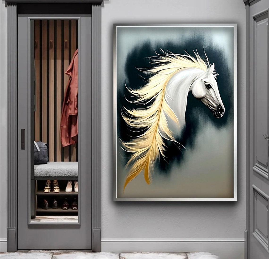 Majestic White Horse with Flowing Golden Mane on Dark Smoke Poster - Image 3