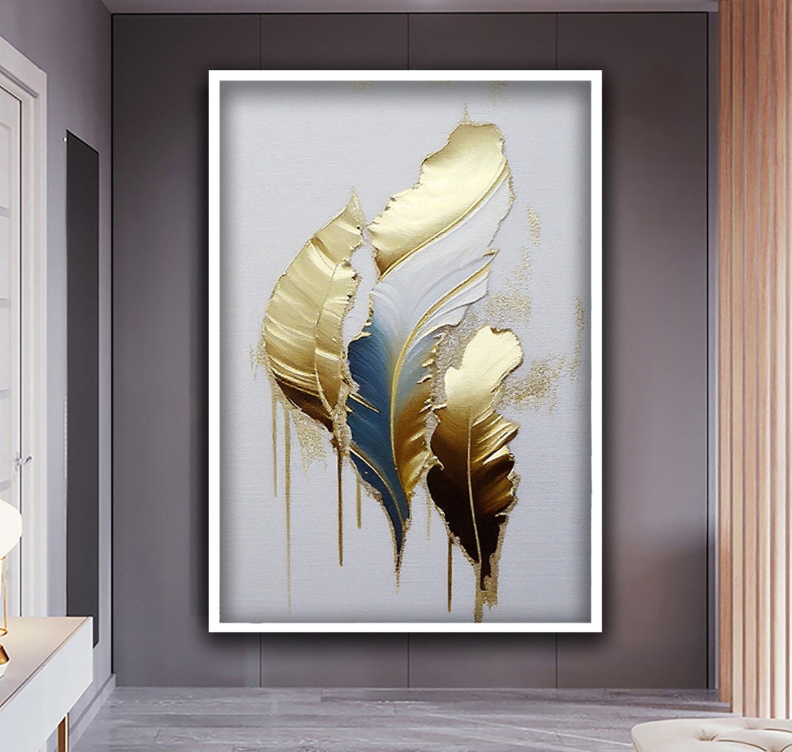 Gold White Blue Abstract Feather Painting Elegant Drip Wall Art