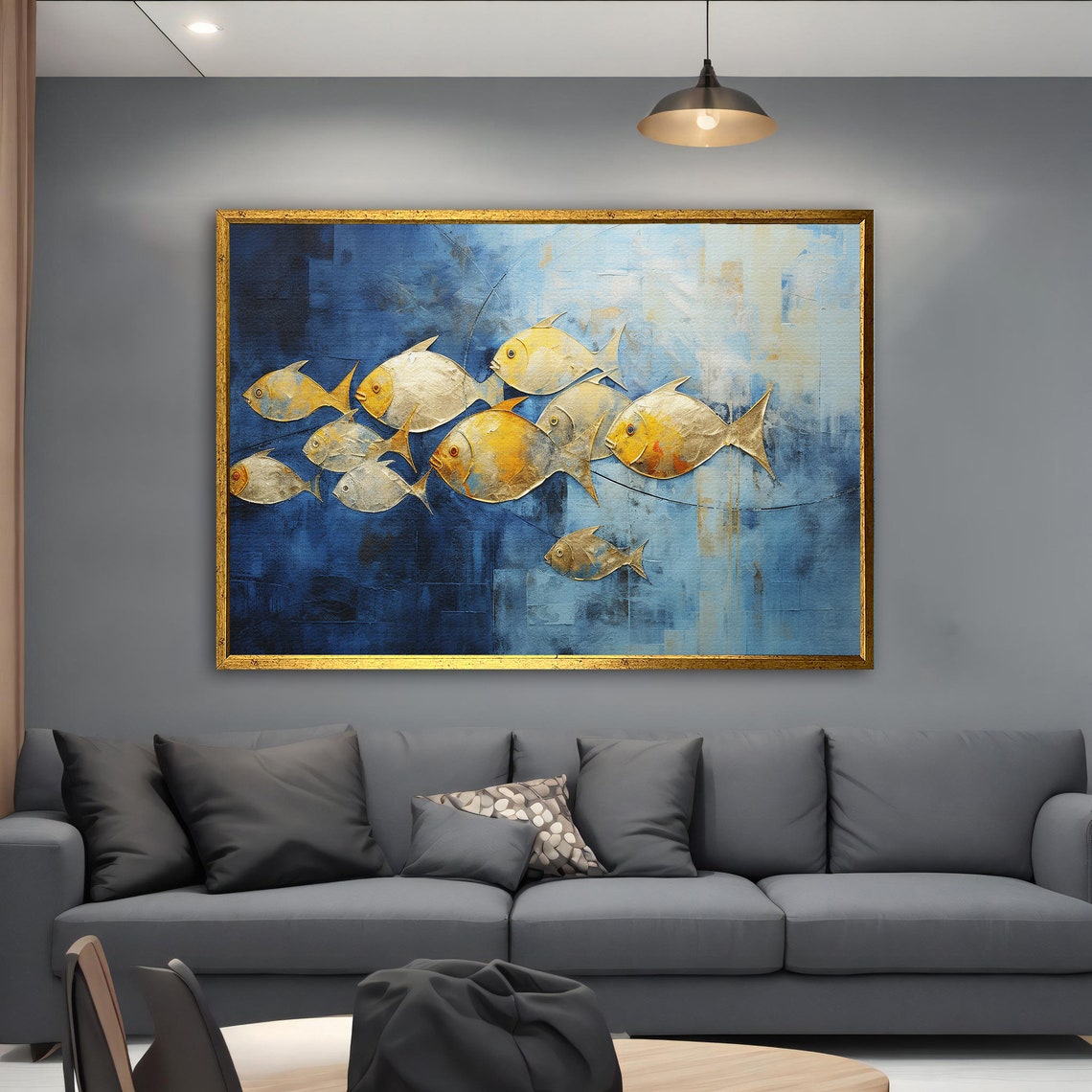 School of Golden Fish Swimming on Deep Blue Abstract Sea Art Poster - Image 5