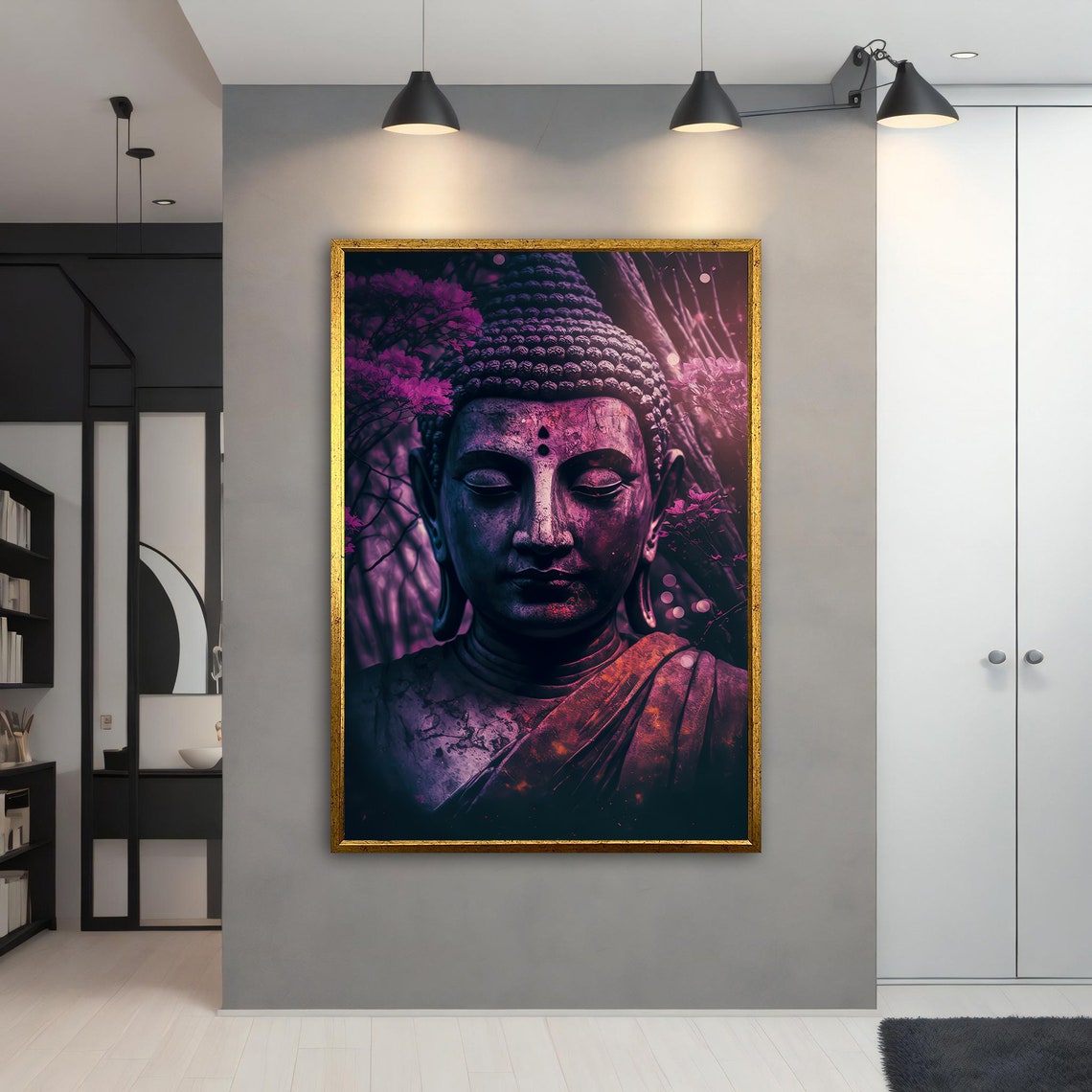 Purple Moonlit Buddha Statue Head Cherry Blossom Zen Meditation Poster - Image 2