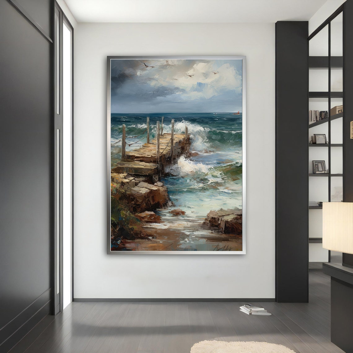 Rocky Ocean Pier Crashing Waves Oil Painting Seascape Wall Art - Image 4