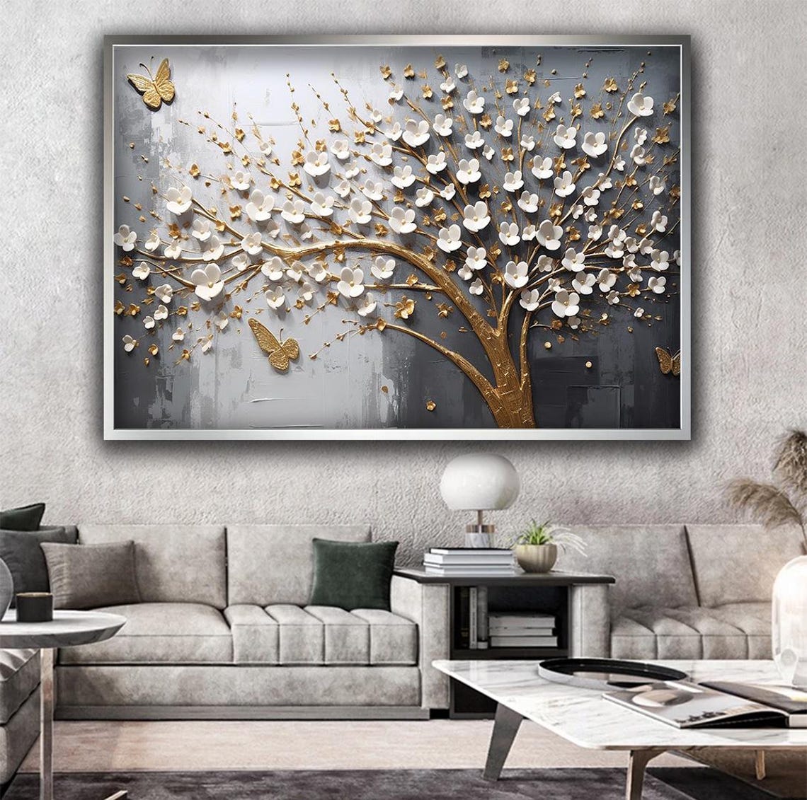 White and Gold Flower Tree 3D Butterflies Gray Floral Wall Art - Image 3