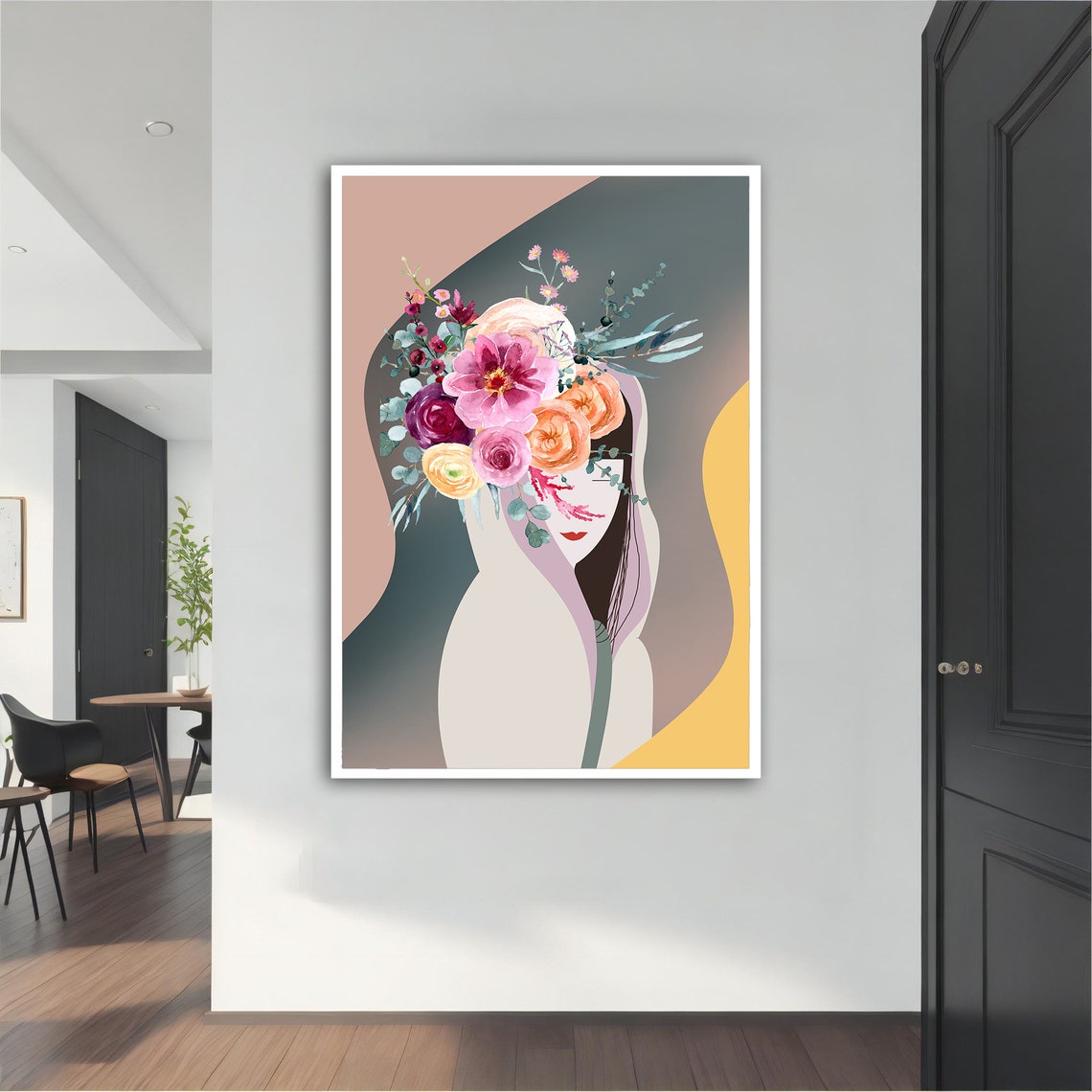Faceless Woman Flower Bouquet Head Pastel Surreal Portrait Wall Art